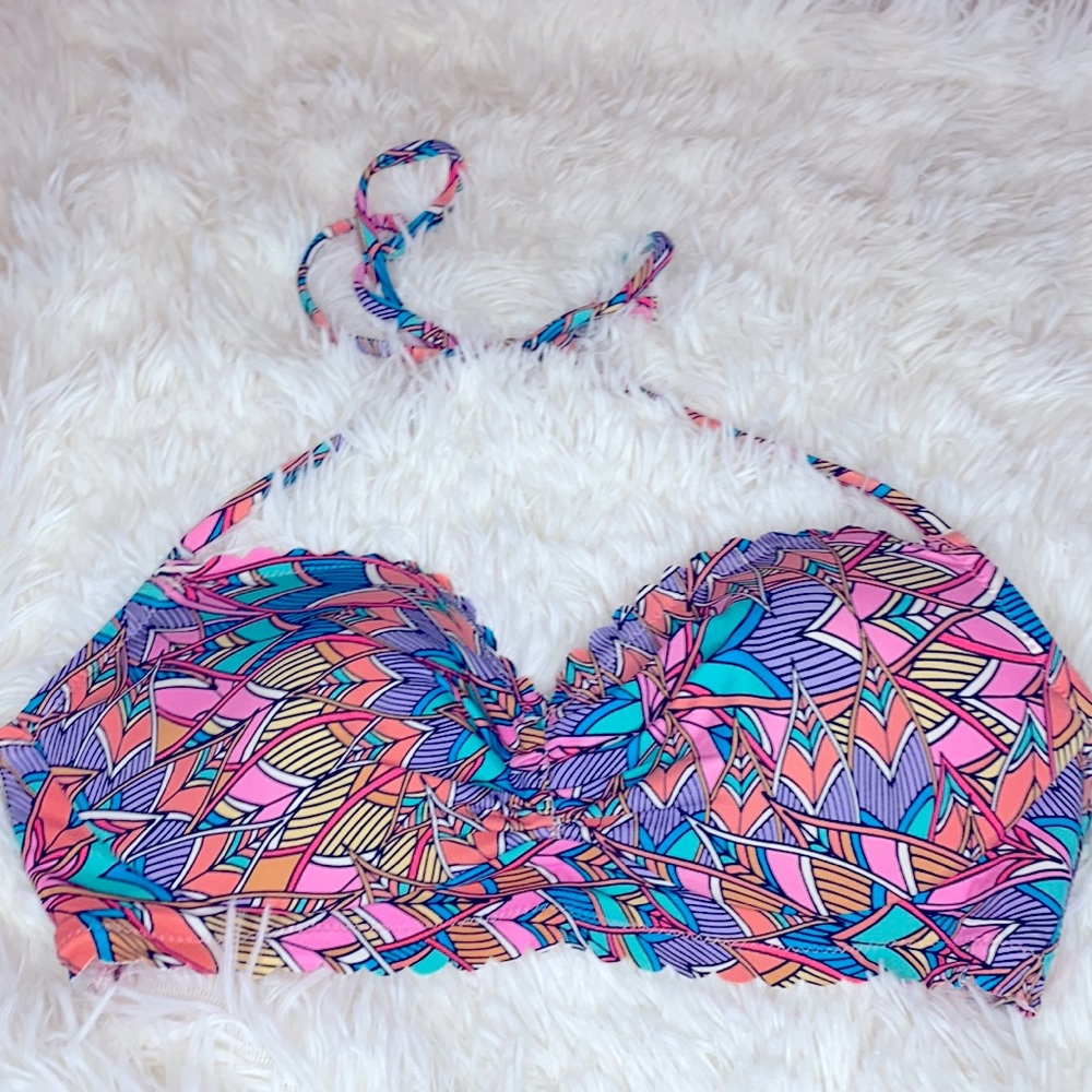 Sundazed Pink Blue Scalloped Halter Tie Bikini Swim Top Size 34C